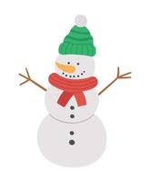 Vector cute snowman in hat and scarf isolated on white background. Cute winter character illustration. Funny Christmas card design. New Year icon