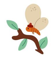 Vector hand drawn flat flying red insect in warm hat. Funny woodland fly icon with tree twig. Cute autumn forest illustration for children design, print, stationery