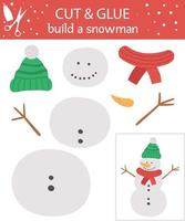 Vector Christmas cut and glue activity. Winter educational crafting game with cute snowman. Fun activity for kids. Build a snowman worksheet for children.