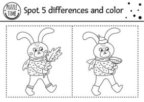 Autumn find differences game for children. Black and white educational activity and coloring page with hare carrying carrot. Fall season or Thanksgiving printable worksheet with cute forest animal. vector