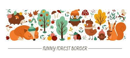 Vector horizontal border set with cute animals and autumn forest elements. Thanksgiving card template design with woodland characters, birds, insects. Funny fall border with hedgehog, fox, squirrel.