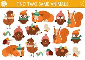 Find two same animals. Thanksgiving matching activity for children. Funny autumn educational quiz worksheet for kids for attention skills. Simple fall printable game with cute characters vector