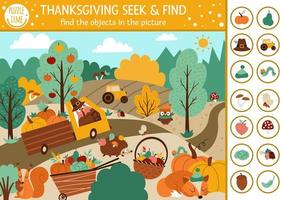 Vector Thanksgiving searching game with cute animals in the farm field. Spot hidden objects in the picture. Simple seek and find autumn educational printable activity. Fall holiday family quiz