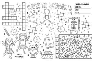 Vector back to school placemat for kids. Fall printable activity mat with maze, tic tac toe, connect the dots, crossword. Black and white autumn play mat or coloring page with teacher and pupils