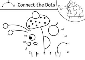 vector punto a punto y actividad de color con linda mariquita. bosque conecta el juego de puntos para niños con insecto divertido en el sombrero. Página para colorear de bosque para niños. hoja de trabajo imprimible de vacaciones de otoño