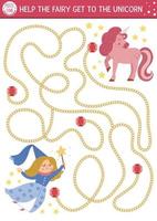 Fairytale maze for kids with fantasy characters. Magic kingdom preschool printable activity with gems, precious stones, golden chain. Fairy tale labyrinth game or puzzle. Help fairy get to unicorn vector