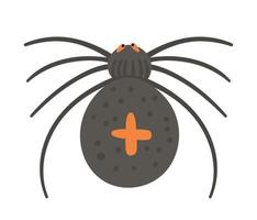 Vector spider with orange cross on back. Halloween character icon. Cute autumn all saints eve illustration with scary black insect. Samhain party sign design for kids.