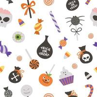 Vector seamless pattern with sweets for trick or treat game. Traditional Halloween party food background. Digital paper with scary lollypops, caramel, candy sticks.