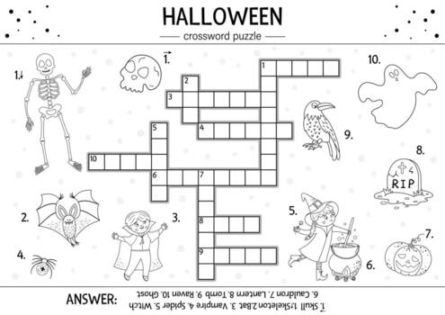 Vector black and white Halloween crossword puzzle for kids. Simple quiz or coloring page with all saints day objects. Educational activity with traditional scary objects, such as witch, ghost, vampire
