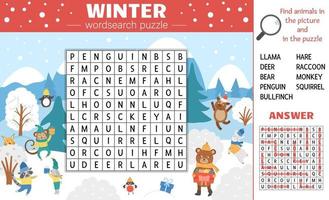 Vector winter season word search puzzle for kids. Simple crossword with Christmas scene and hiding animals for children. Educational keyword activity with cute funny animals in warm clothes