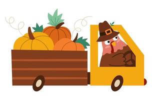 Vector Thanksgiving turkey in pilgrim hat driving a car with pumpkins. Autumn bird icon. Fall holiday animal in a truck isolated on white background. Harvest gathering concept