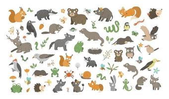 Big set of vector hand drawn flat woodland animals, their babies, birds, insects and forest clipart. Funny animalistic collection. Cute illustration with bear, fox, squirrel, deer, hedgehog.