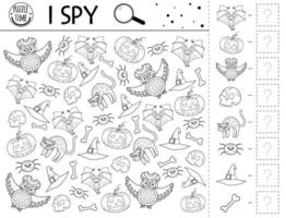 Halloween black and white I spy game for kids. Searching and counting activity for preschool children or coloring page. Funny autumn printable worksheet for kids. Simple spotting puzzle. vector