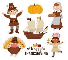 Conjunto de caracteres del día de acción de gracias. vector colección de iconos de otoño con peregrinos, indios nativos, barco, pavo, calabaza. linda colección de vacaciones de otoño