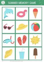 Summer memory game cards with cute beach objects. Matching activity with dolphin, ice-cream. Remember and find correct picture card. Simple sea vacations printable worksheet for kids. vector