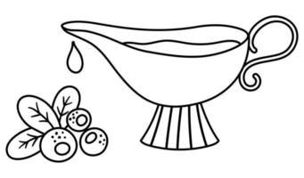 Vector black and white gravy boat with cranberry and sauce. Traditional Thanksgiving food. Festive meal outline clipart. Holiday line illustration