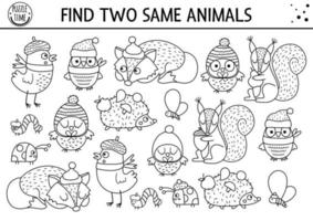 Find two same animals. Thanksgiving black and white matching activity for children. Funny line autumn quiz worksheet for kids for attention skills. Simple fall printable game or coloring page vector