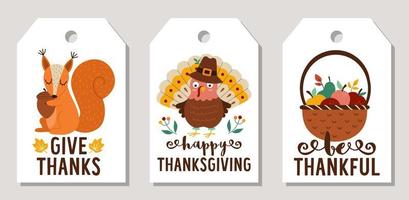 Cute set of Thanksgiving price tag templates or cards with turkey, forest animal, harvest. Vector autumn holiday vertical print templates. Fall design for tags, postcards, ads