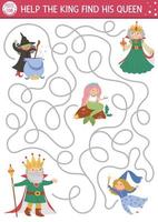 Fairytale maze for kids with fantasy characters. Magic kingdom preschool printable activity with witch, fairy, mermaid. Fairy tale labyrinth game or puzzle. Help the king find his queen vector