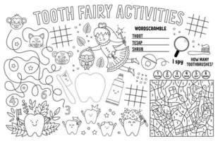 Vector Tooth Fairy placemat for kids. Mouth care printable activity mat with maze, tic tac toe charts, connect the dots, find difference. Black and white dental play mat or coloring page