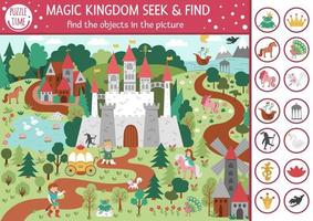 Vector fairytale searching game with medieval castle landscape. Spot hidden objects in the picture. Simple fantasy seek and find magic kingdom educational printable activity for kids