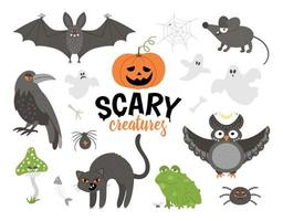 Set of vector scary creatures. Halloween characters icons collection. Cute autumn all saints eve illustration with bat, pumpkin, black cat, owl, toad, ghost. Samhain party sign design.