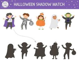 actividad de combinación de sombras de halloween para niños. rompecabezas de otoño con niños vestidos con disfraces de miedo. juego educativo con vampiros, fantasmas, brujas. encuentre la hoja de trabajo imprimible de la silueta correcta. vector