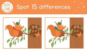 Autumn find differences game for children. Fall season educational activity with squirrel sitting near the tree hollow. Printable worksheet with funny smiling animal. Cute forest scene vector