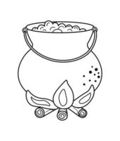 Cute vector black and white cauldron on fire. Halloween object icon. Autumn all saints eve illustration with witch related element. Samhain pot with green potion coloring page for kids.