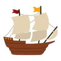 Vector wooden ship with sails isolated on white background. Pilgrim historical boat illustration. Thanksgiving Day icon. First American people transportation