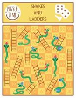 Christmas snakes and ladders board game for children with cute animals. Educational boardgame with serpents in hats and scarfs. Funny winter holiday printable activity. vector