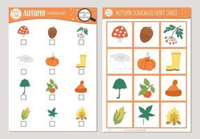 Vector Autumn scavenger hunt cards set. Seek and find game with cute pumpkin, mushroom, umbrella for kids. Fall seasonal searching activity. Simple educational printable worksheet.