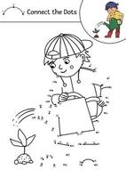 vector punto a punto y actividad de color con un niño lindo regando la planta del bebé. primavera o verano conecta el juego de puntos para niños. Hoja de trabajo imprimible con temática de jardín o página para colorear para niños.