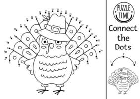 Vector dot-to-dot and color activity with cute turkey. Thanksgiving connect the dots game for children with funny bird. Woodland coloring page for kids. Autumn holiday printable worksheet