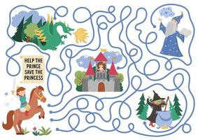 Fairytale maze for kids with fantasy characters. Magic kingdom preschool printable activity with witch, dragon, stargazer. Fairy tale labyrinth game or puzzle. Help prince save the princess in castle vector