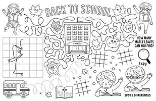 Vector back to school placemat for kids. Fall printable activity mat with maze, tic tac toe, connect the dots, crossword. Black and white autumn play mat or coloring page with teacher and pupils