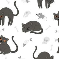 de patrones sin fisuras con lindos gatos negros vectoriales y ratón. papel digital con personajes de halloween. Fondo divertido de la víspera de todos los santos de otoño con animales de miedo, remos, huesos para niños. vector