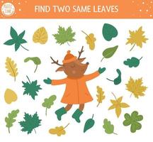 Find two same leaves. Autumn matching activity for children. Funny educational fall season logical quiz worksheet for kids. Simple printable game with plants and cute deer vector