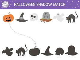 Halloween shadow matching activity for children. Autumn puzzle with scary objects. Educational game for kids with lantern, tomb, ghost, scull, cat. Find the correct silhouette printable worksheet. vector