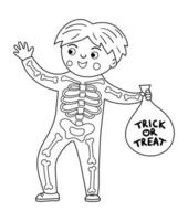 Boy dressed like a skeleton.  vector Halloween kid character. Child in scary monster costume with bones. Funny autumn all saints eve illustration. Samhain dress party coloring page.