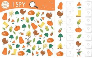 Autumn I spy game for kids. Searching and counting activity for preschool children with cute fall season objects. Funny printable worksheet for kids. Simple thanksgiving spotting puzzle. vector