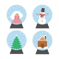 Vector set of snow globes with snowman, angel, fir tree, house. New Year decor items pack. Christmas tree toy isolated on white background. Cute winter Holidays balls for festive decorations.