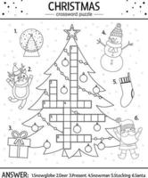 Vector Christmas black and white crossword puzzle for kids. Simple quiz with winter holiday objects for children. Educational activity or coloring page with traditional New Year elements.
