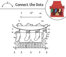 vector navidad punto a punto y actividad de color con linda chimenea con medias. vacaciones de invierno conecta el juego de puntos para niños. divertida página para colorear para niños con el símbolo tradicional de año nuevo.