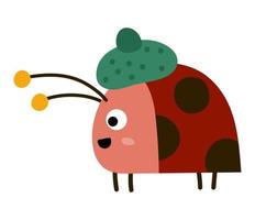 Vector flat red ladybug in warm hat. Funny woodland ladybird icon with tree twig. Cute autumn forest or garden insect illustration for children design, print, stationery