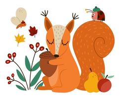 Cute squirrel with acorn insects, fruits. Vector autumn scene with adorable animal. Fall season woodland scenery for print, sticker, postcard. Funny forest illustration.