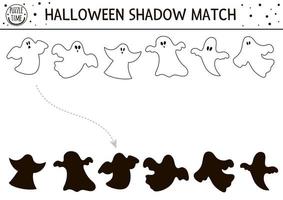 actividad de combinación de sombras en blanco y negro de halloween. Rompecabezas de línea de otoño con fantasma. Página para colorear o juego para niños con fantasmas aterradores. encontrar la hoja de trabajo imprimible de la silueta correcta. vector