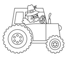 Vector black and white Thanksgiving turkey in pilgrim hat. Autumn bird line icon. Outline fall holiday animal driving tractor isolated on white background. Harvest gathering concept