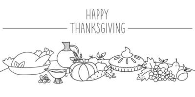 Vector black and white scene with traditional Thanksgiving or Christmas desserts and dishes on a table. Autumn line holiday festive meal illustration. Fall food collection with turkey, pumpkin pie