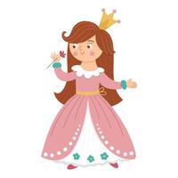 Fairy tale vector princess smelling flower. Fantasy girl in crown isolated on white background. Medieval fairytale maid in pink dress. Girlish cartoon magic icon with cute character.